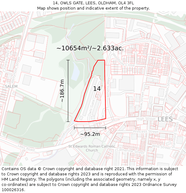 14, OWLS GATE, LEES, OLDHAM, OL4 3FL: Plot and title map