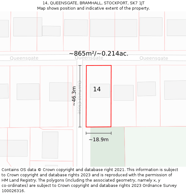 14, QUEENSGATE, BRAMHALL, STOCKPORT, SK7 1JT: Plot and title map