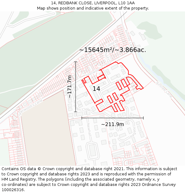 14, REDBANK CLOSE, LIVERPOOL, L10 1AA: Plot and title map