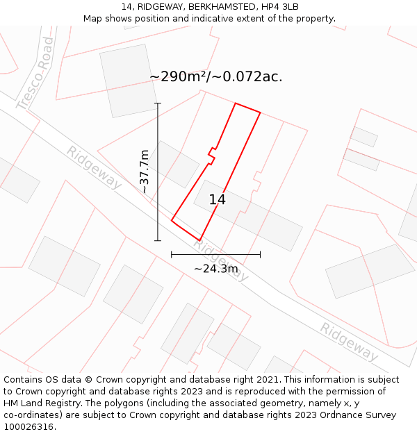 14, RIDGEWAY, BERKHAMSTED, HP4 3LB: Plot and title map