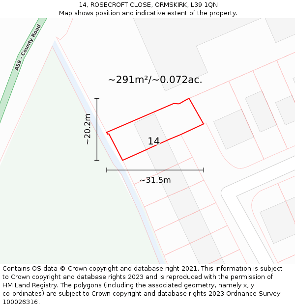 14, ROSECROFT CLOSE, ORMSKIRK, L39 1QN: Plot and title map
