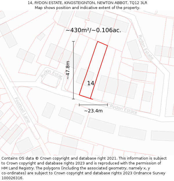 14, RYDON ESTATE, KINGSTEIGNTON, NEWTON ABBOT, TQ12 3LR: Plot and title map