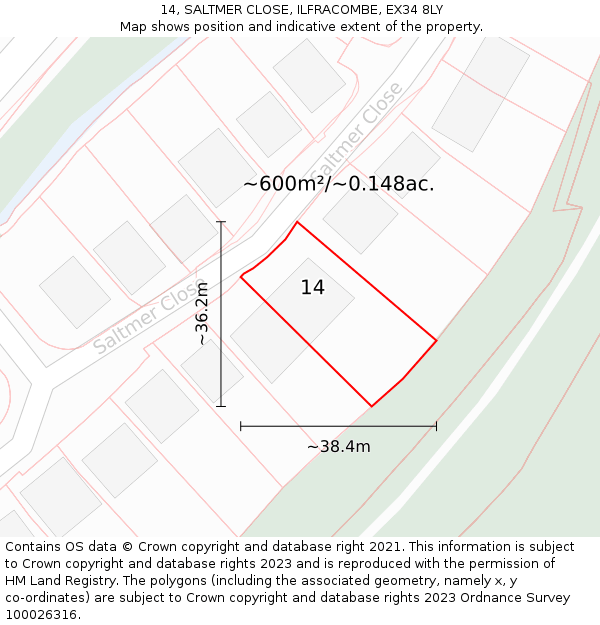 14, SALTMER CLOSE, ILFRACOMBE, EX34 8LY: Plot and title map