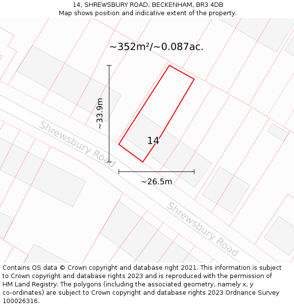14, SHREWSBURY ROAD, BECKENHAM, BR3 4DB: Plot and title map