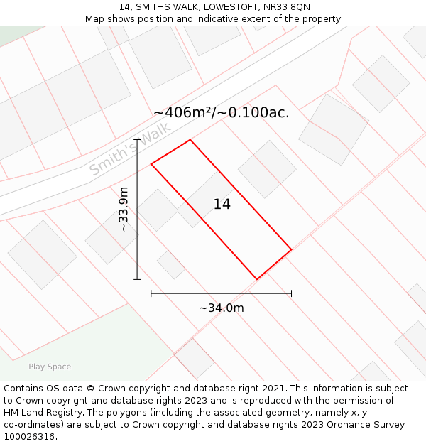 14, SMITHS WALK, LOWESTOFT, NR33 8QN: Plot and title map