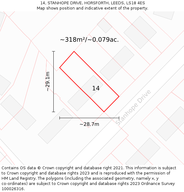 14, STANHOPE DRIVE, HORSFORTH, LEEDS, LS18 4ES: Plot and title map