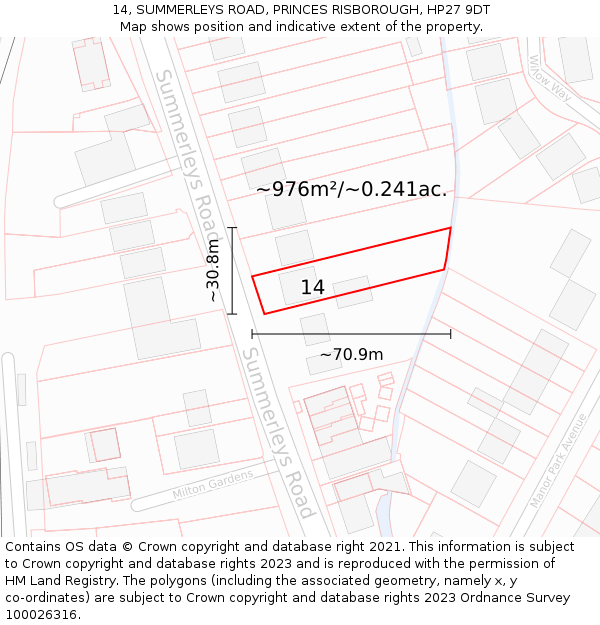 14, SUMMERLEYS ROAD, PRINCES RISBOROUGH, HP27 9DT: Plot and title map