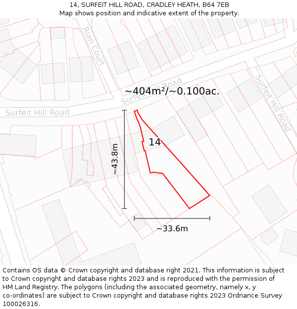 14, SURFEIT HILL ROAD, CRADLEY HEATH, B64 7EB: Plot and title map