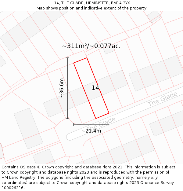 14, THE GLADE, UPMINSTER, RM14 3YX: Plot and title map