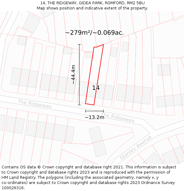 14, THE RIDGEWAY, GIDEA PARK, ROMFORD, RM2 5BU: Plot and title map