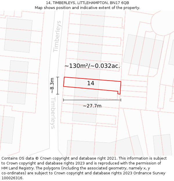 14, TIMBERLEYS, LITTLEHAMPTON, BN17 6QB: Plot and title map
