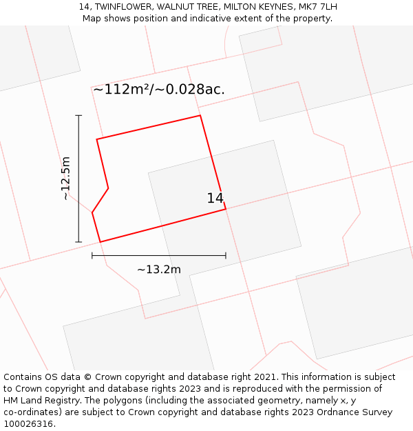 14, TWINFLOWER, WALNUT TREE, MILTON KEYNES, MK7 7LH: Plot and title map