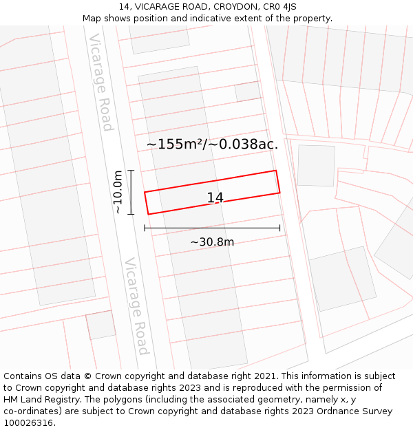 14, VICARAGE ROAD, CROYDON, CR0 4JS: Plot and title map
