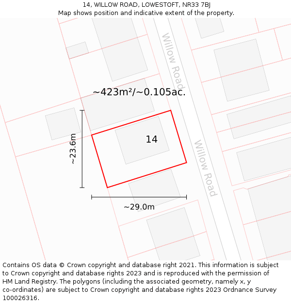 14, WILLOW ROAD, LOWESTOFT, NR33 7BJ: Plot and title map