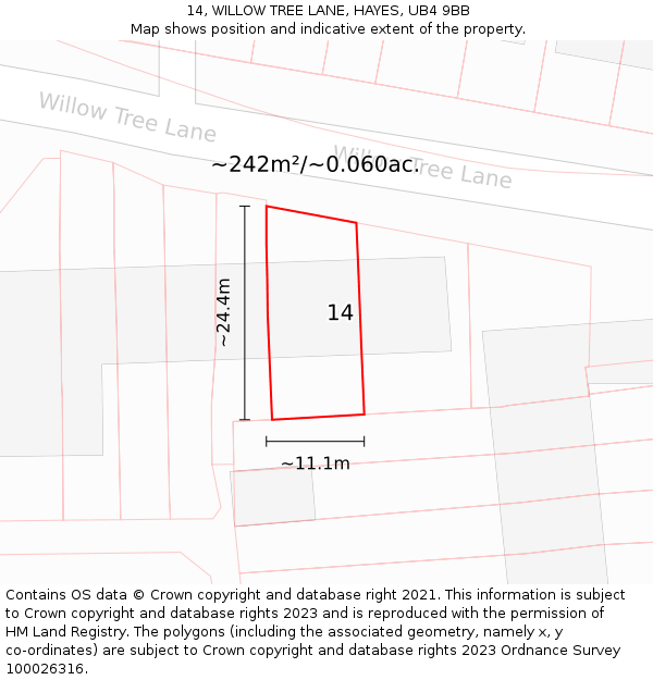 14, WILLOW TREE LANE, HAYES, UB4 9BB: Plot and title map