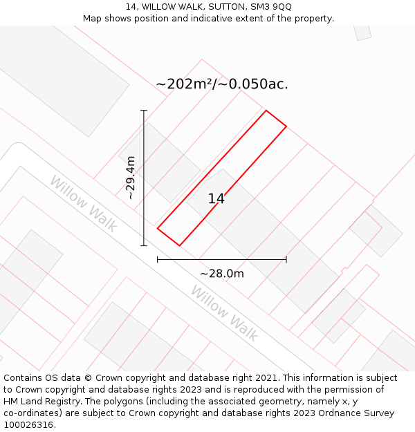 14, WILLOW WALK, SUTTON, SM3 9QQ: Plot and title map
