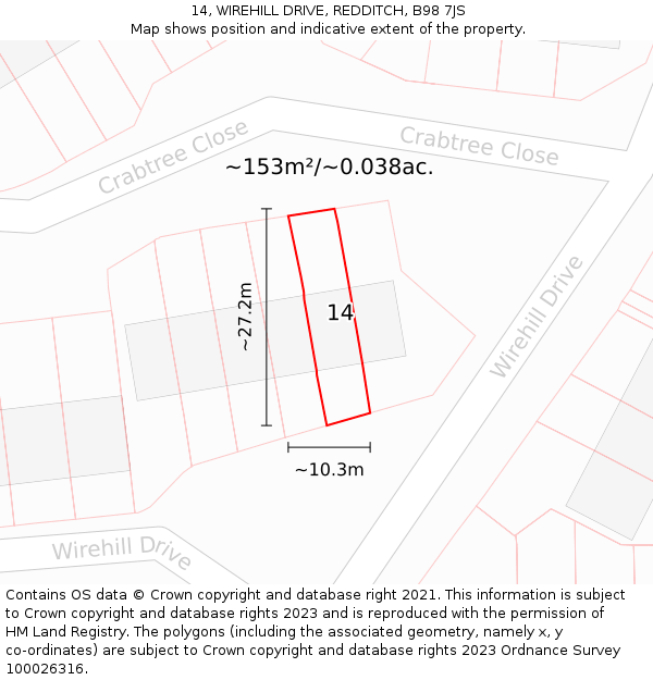 14, WIREHILL DRIVE, REDDITCH, B98 7JS: Plot and title map