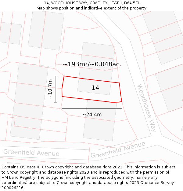 14, WOODHOUSE WAY, CRADLEY HEATH, B64 5EL: Plot and title map