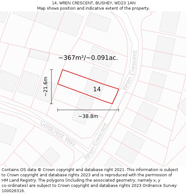 14, WREN CRESCENT, BUSHEY, WD23 1AN: Plot and title map