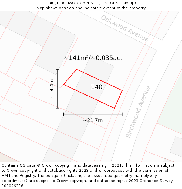 140, BIRCHWOOD AVENUE, LINCOLN, LN6 0JD: Plot and title map