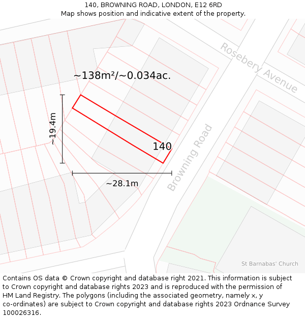 140, BROWNING ROAD, LONDON, E12 6RD: Plot and title map