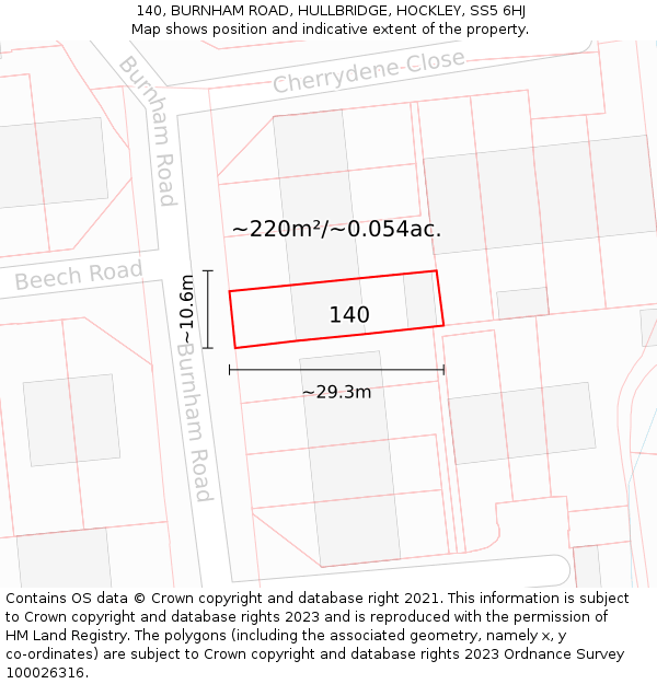 140, BURNHAM ROAD, HULLBRIDGE, HOCKLEY, SS5 6HJ: Plot and title map