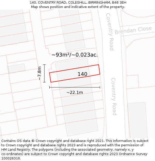 140, COVENTRY ROAD, COLESHILL, BIRMINGHAM, B46 3EH: Plot and title map