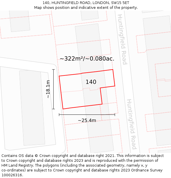 140, HUNTINGFIELD ROAD, LONDON, SW15 5ET: Plot and title map