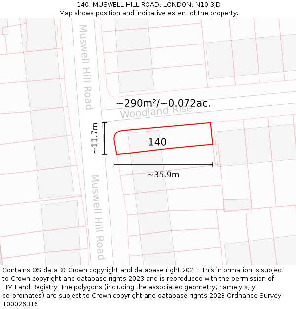 140, MUSWELL HILL ROAD, LONDON, N10 3JD: Plot and title map