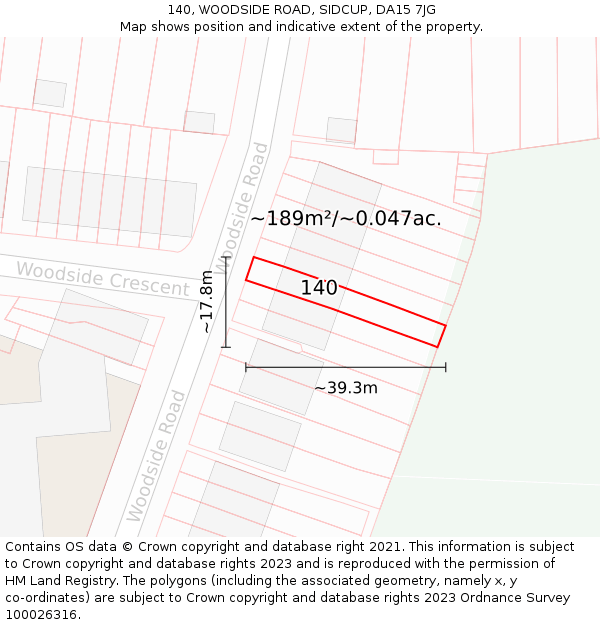 140, WOODSIDE ROAD, SIDCUP, DA15 7JG: Plot and title map