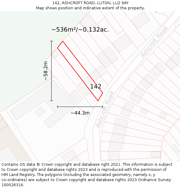 142, ASHCROFT ROAD, LUTON, LU2 9AY: Plot and title map