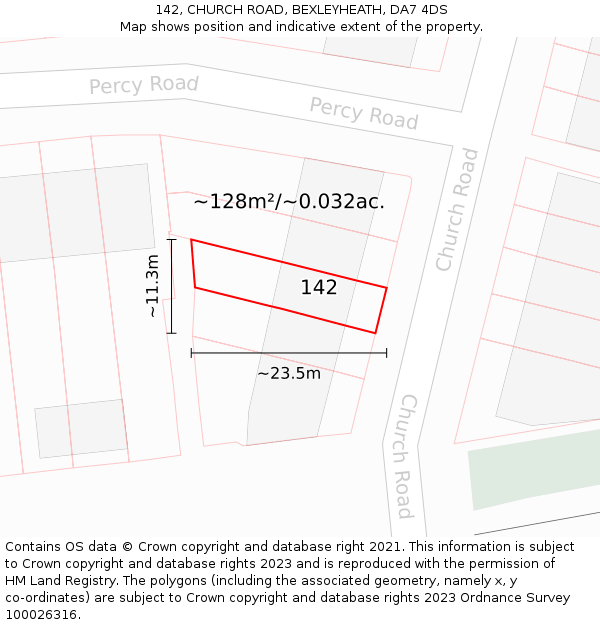 142, CHURCH ROAD, BEXLEYHEATH, DA7 4DS: Plot and title map