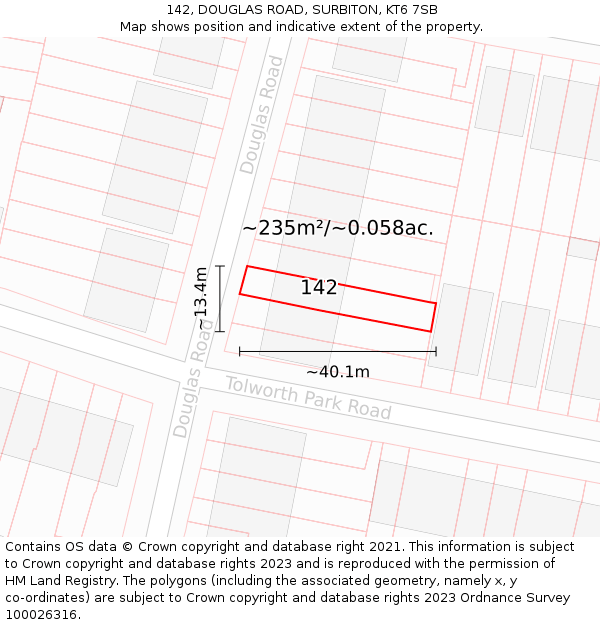142, DOUGLAS ROAD, SURBITON, KT6 7SB: Plot and title map