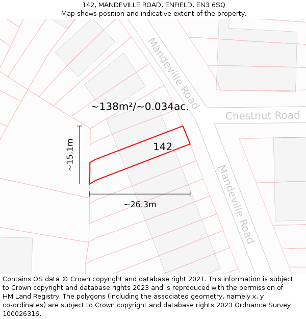 142, MANDEVILLE ROAD, ENFIELD, EN3 6SQ: Plot and title map