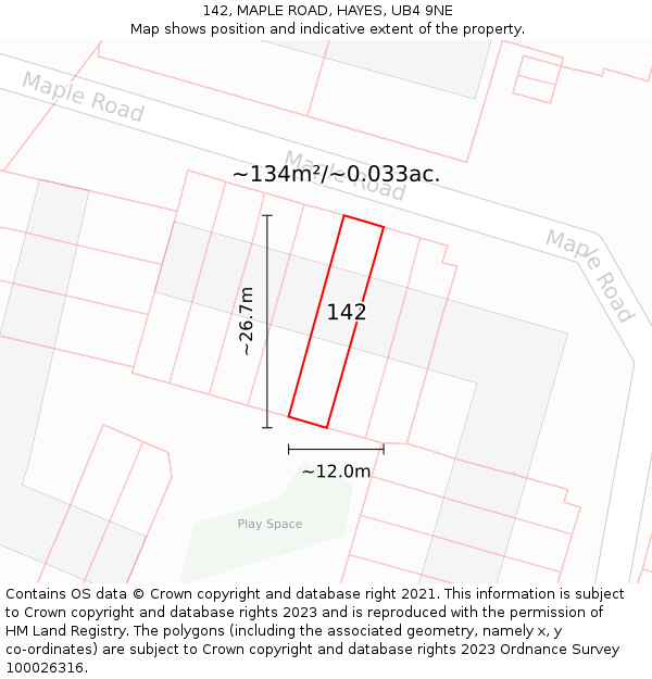 142, MAPLE ROAD, HAYES, UB4 9NE: Plot and title map