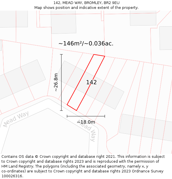 142, MEAD WAY, BROMLEY, BR2 9EU: Plot and title map
