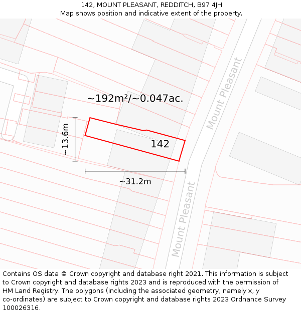 142, MOUNT PLEASANT, REDDITCH, B97 4JH: Plot and title map