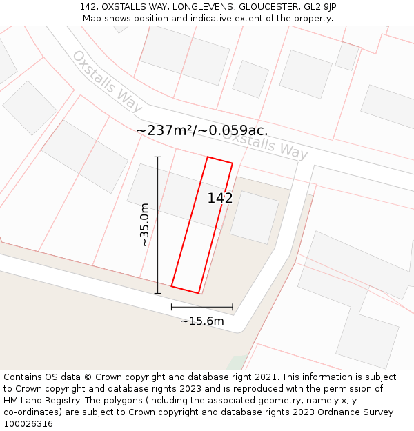 142, OXSTALLS WAY, LONGLEVENS, GLOUCESTER, GL2 9JP: Plot and title map