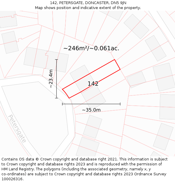 142, PETERSGATE, DONCASTER, DN5 9JN: Plot and title map