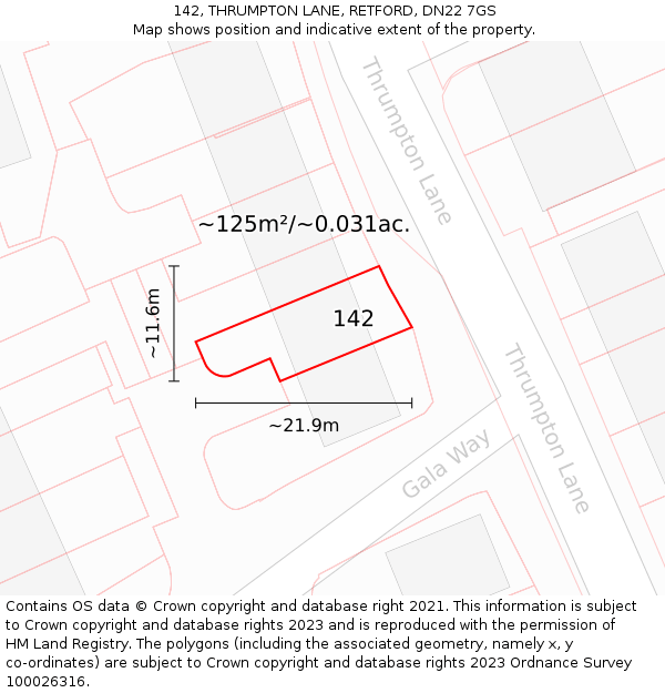 142, THRUMPTON LANE, RETFORD, DN22 7GS: Plot and title map