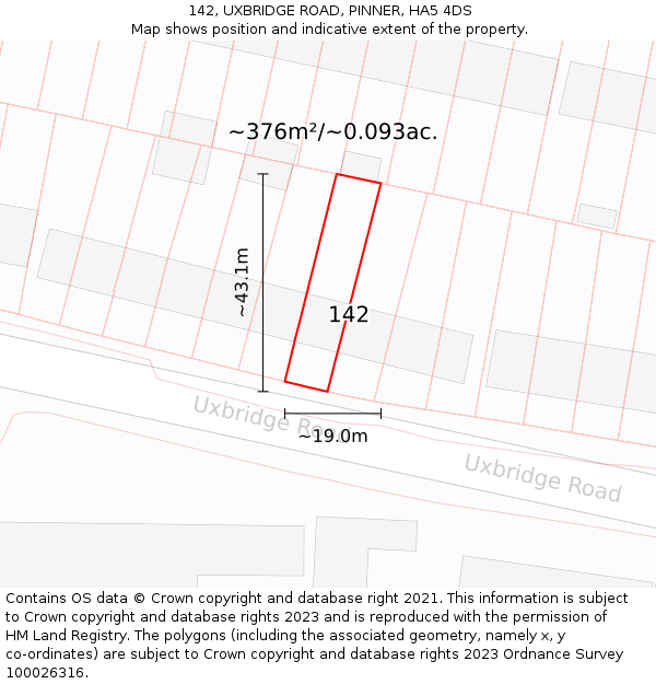 142, UXBRIDGE ROAD, PINNER, HA5 4DS: Plot and title map