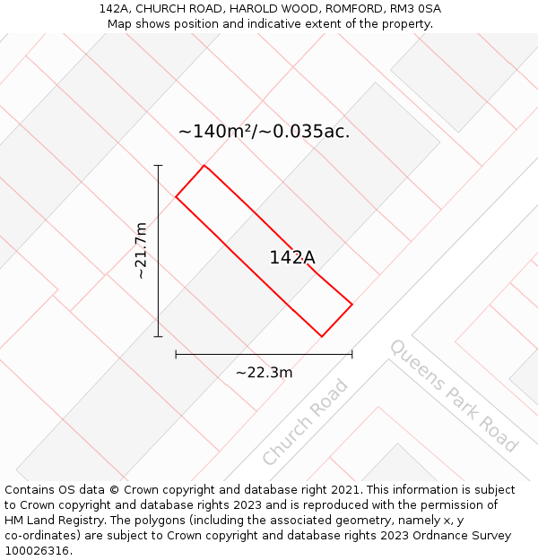 142A, CHURCH ROAD, HAROLD WOOD, ROMFORD, RM3 0SA: Plot and title map