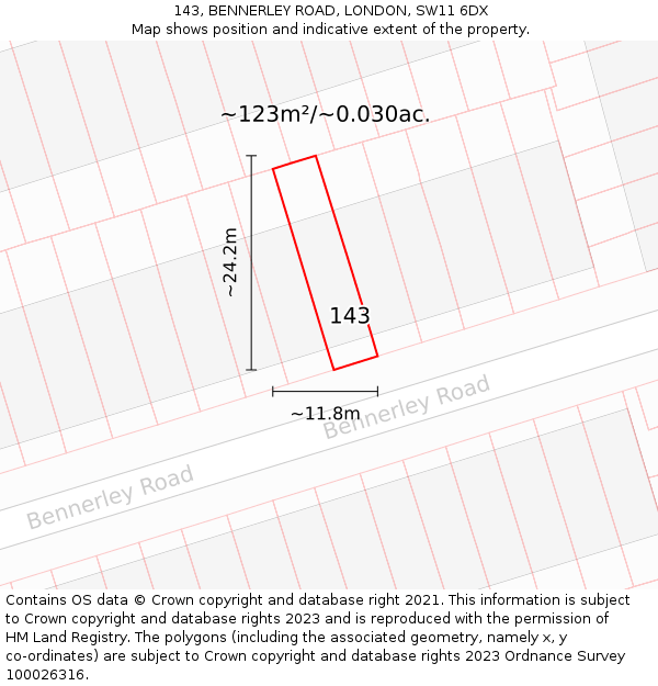143, BENNERLEY ROAD, LONDON, SW11 6DX: Plot and title map