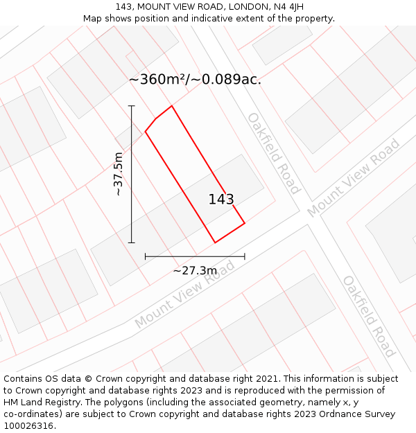 143, MOUNT VIEW ROAD, LONDON, N4 4JH: Plot and title map
