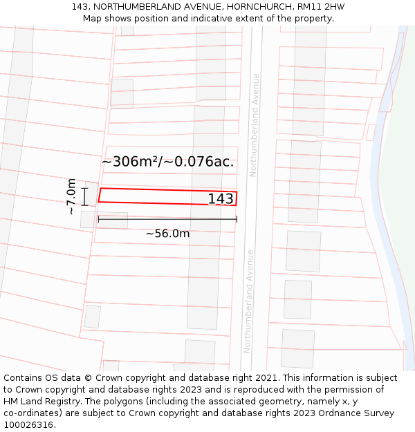 143, NORTHUMBERLAND AVENUE, HORNCHURCH, RM11 2HW: Plot and title map