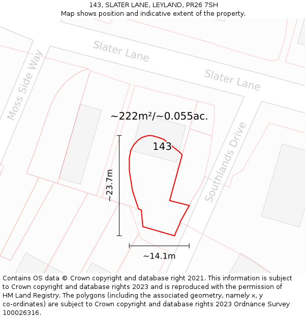 143, SLATER LANE, LEYLAND, PR26 7SH: Plot and title map