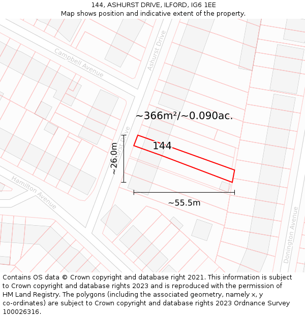 144, ASHURST DRIVE, ILFORD, IG6 1EE: Plot and title map