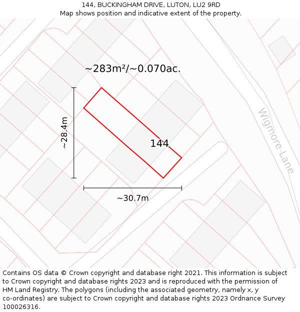 144, BUCKINGHAM DRIVE, LUTON, LU2 9RD: Plot and title map