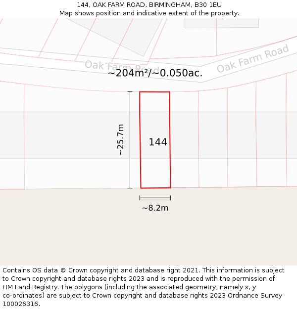 144, OAK FARM ROAD, BIRMINGHAM, B30 1EU: Plot and title map