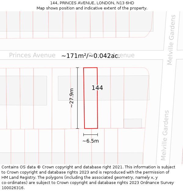 144, PRINCES AVENUE, LONDON, N13 6HD: Plot and title map